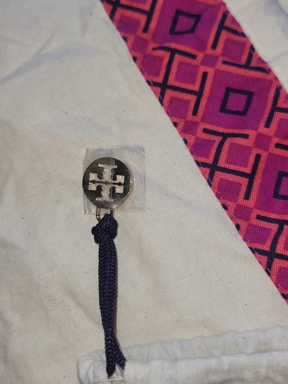 Large Tory Burch Cream Drawstring Dust Bag with Purple Geometric Trim